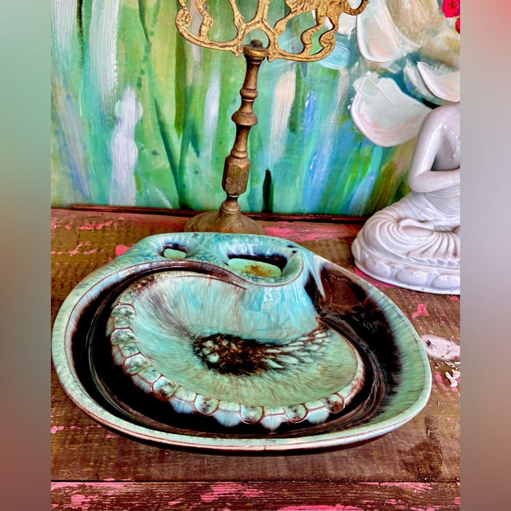 Vintage Artistic Ceramic Ashtray Set in Turquoise and Black